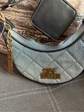 Steve Madden Quilted Denim Crescent Shoulder Bag in Blue with Gold Hardware